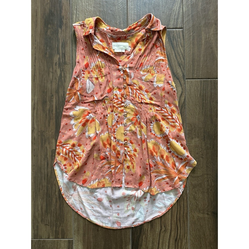 Uma for Anthropologie Sleeveless Floral Pintuck‎ Blouse Coral Orange Small